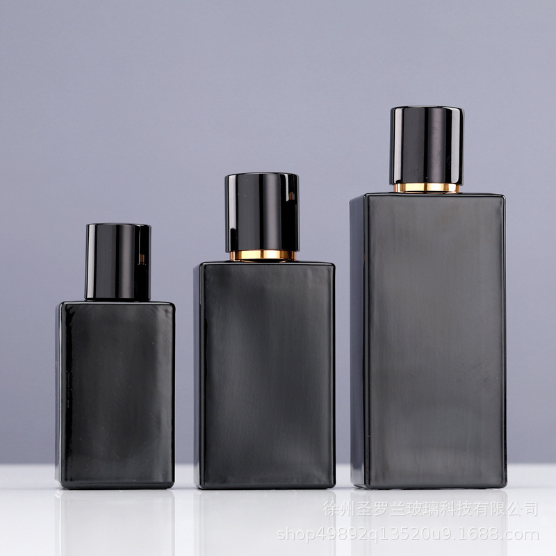 30ml 50ml 100ml glass perfume bottle 15 bayonet flat rectangular all black pressed cosmetics bottle